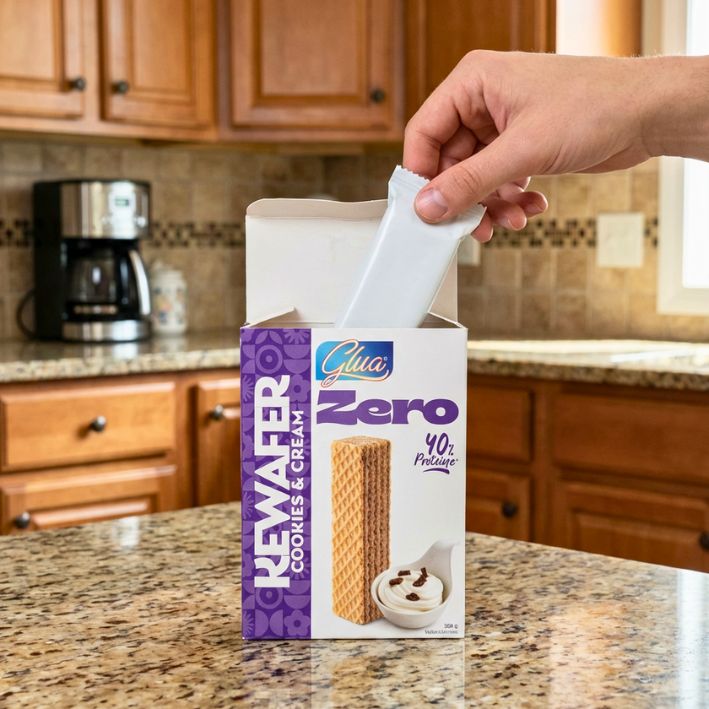 Kewafer ai biscotti e crema: confezione aperta con wafer e crema, ideale per dieta chetogenica e alimenti keti.