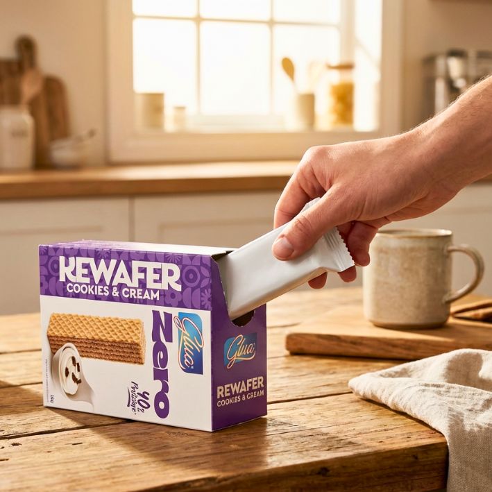 Kewafer ai biscotti e crema: confezione di snack croccante e cremoso per dieta chetogenica.