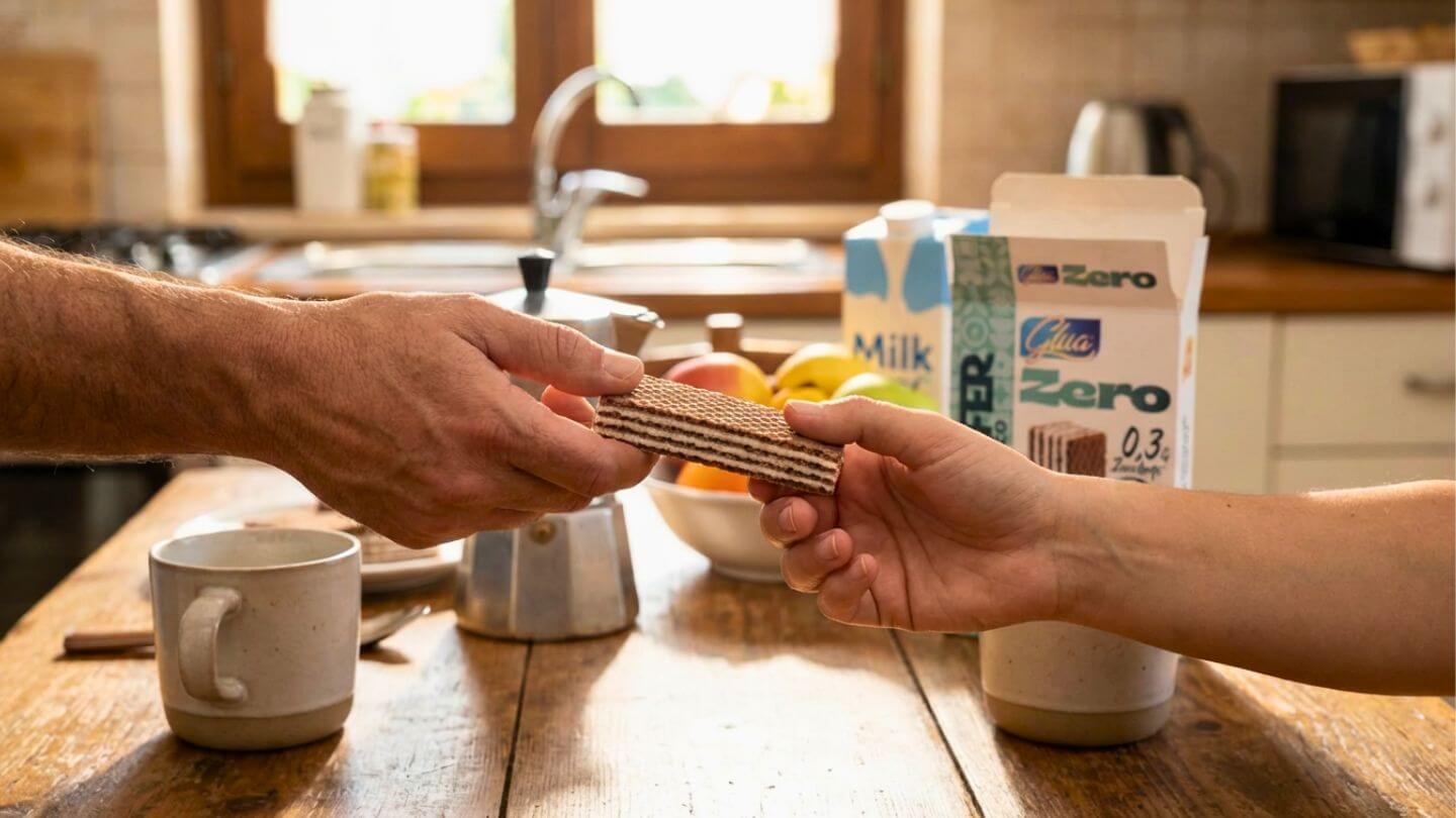 Due mani si scambiano un wafer in cucina, circondati da frutta e latte, simbolo di uno snack sano.