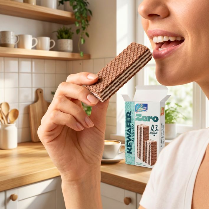 Kewafer al cocco, snack croccante e cremoso, ideale per dieta chetogenica, con solo 0,27 g zuccheri per porzione.