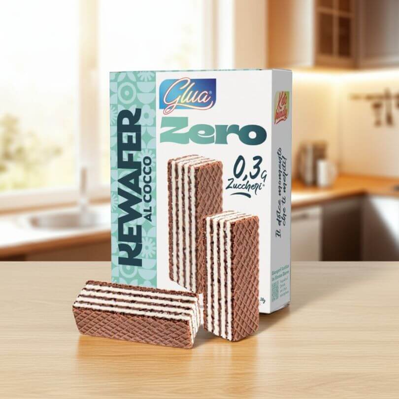 Kewafer al cocco con 0,3 g di zuccheri, ideale per dieta chetogenica e alimenti proteici, confezione da 3 wafer.