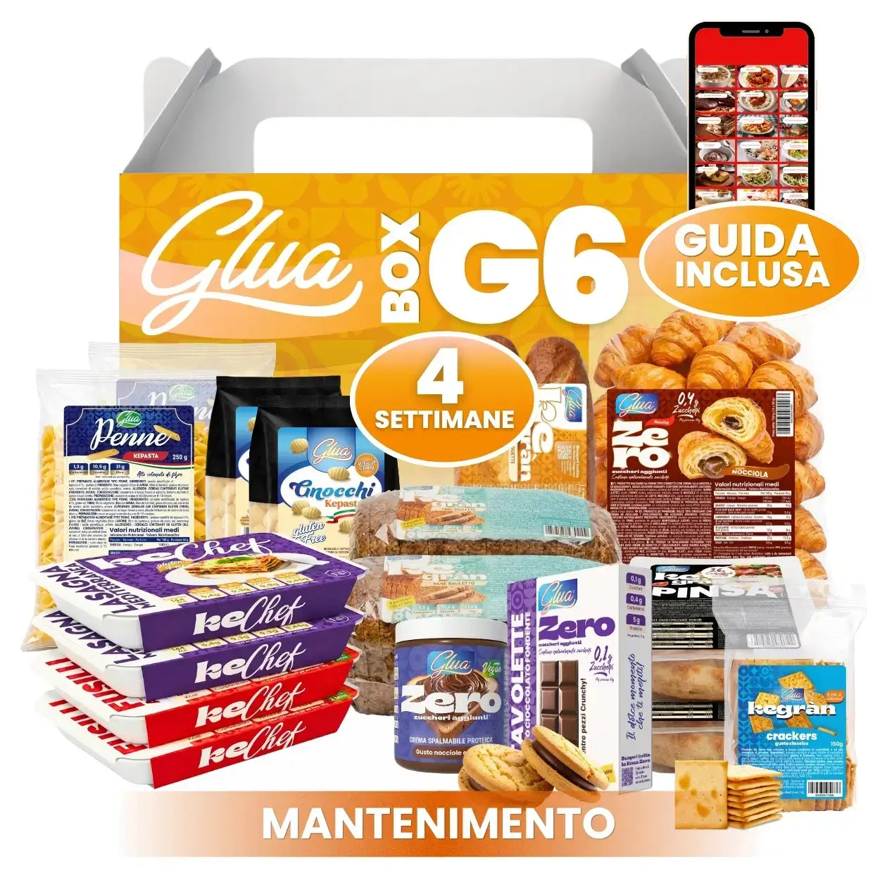 Box Mantenimento G6 Spesa mensile con prodotti per dieta chetogenica e guida inclusa.