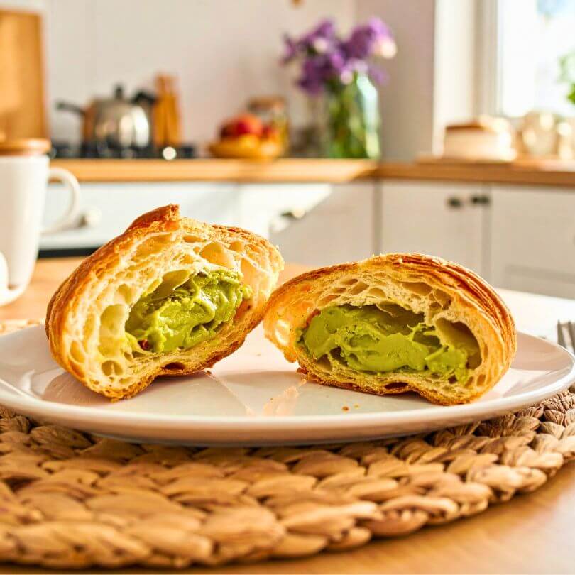 15 Cornetti proteici ripieni di crema al pistacchio su un piatto con un'atmosfera accogliente, perfetti per la dieta chetogenica.