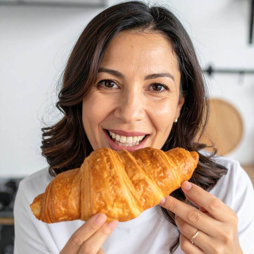 Donna felice che tiene in mano un cornetto fragrante, ideale per la dieta chetogenica, 15 Cornetti Proteici Ripieni di Crema Nocciola Bianca Zero.