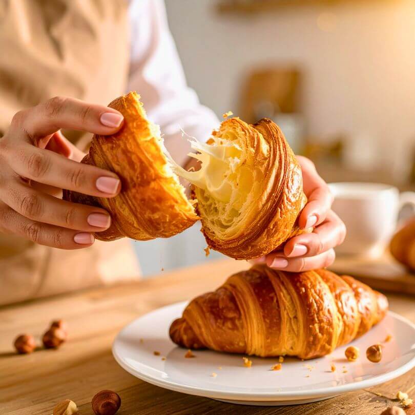 15 Cornetti Proteici Ripieni di Crema Nocciola Bianca Zero rotti, mostrando il cuore cremoso e soffice.