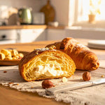 15 Cornetti Proteici Ripieni di Crema Nocciola Bianca Zero con cuore cremoso alla nocciola in sfoglia soffice.