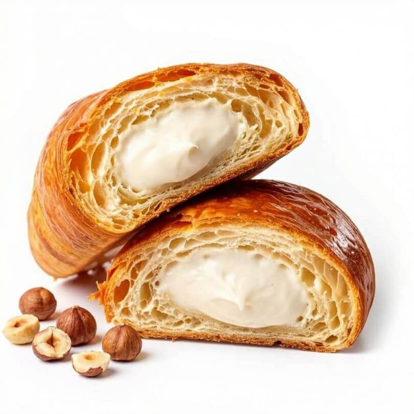 15 Cornetti Proteici Ripieni di Crema Nocciola Bianca Zero, cornetti con crema di nocciola bianca e pochi zuccheri.