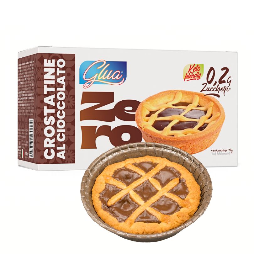 Crostatine al cioccolato Glua, 0,2 g di zuccheri, ideali per dieta chetogenica e alimenti proteici.