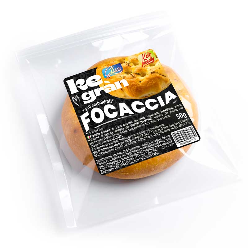 Focaccia proteica da 50g, ideale per dieta chetogenica, con solo 1g di carboidrati e 16% di proteine per porzione.