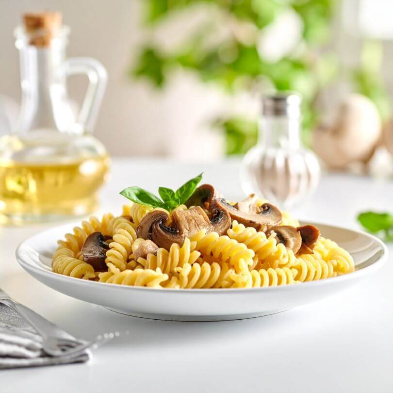 Fusilli keto ai funghi pronti, 8,2g di carboidrati e 27g di proteine, perfetti per dieta chetogenica e alimenti proteici.