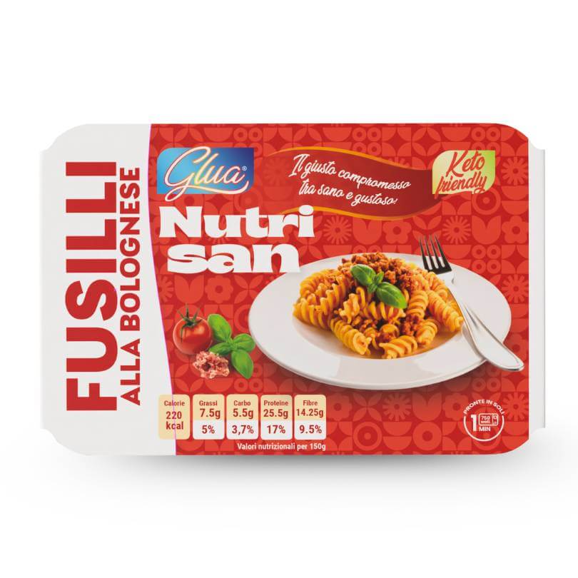 Fusilli alla bolognese Pronti, alimento keto con 5,5g di carboidrati, 25,5g di proteine, ideale per dieta chetogenica.