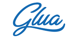 Logo di Glua in blu, rappresenta la marca con uno stile elegante e moderno.
