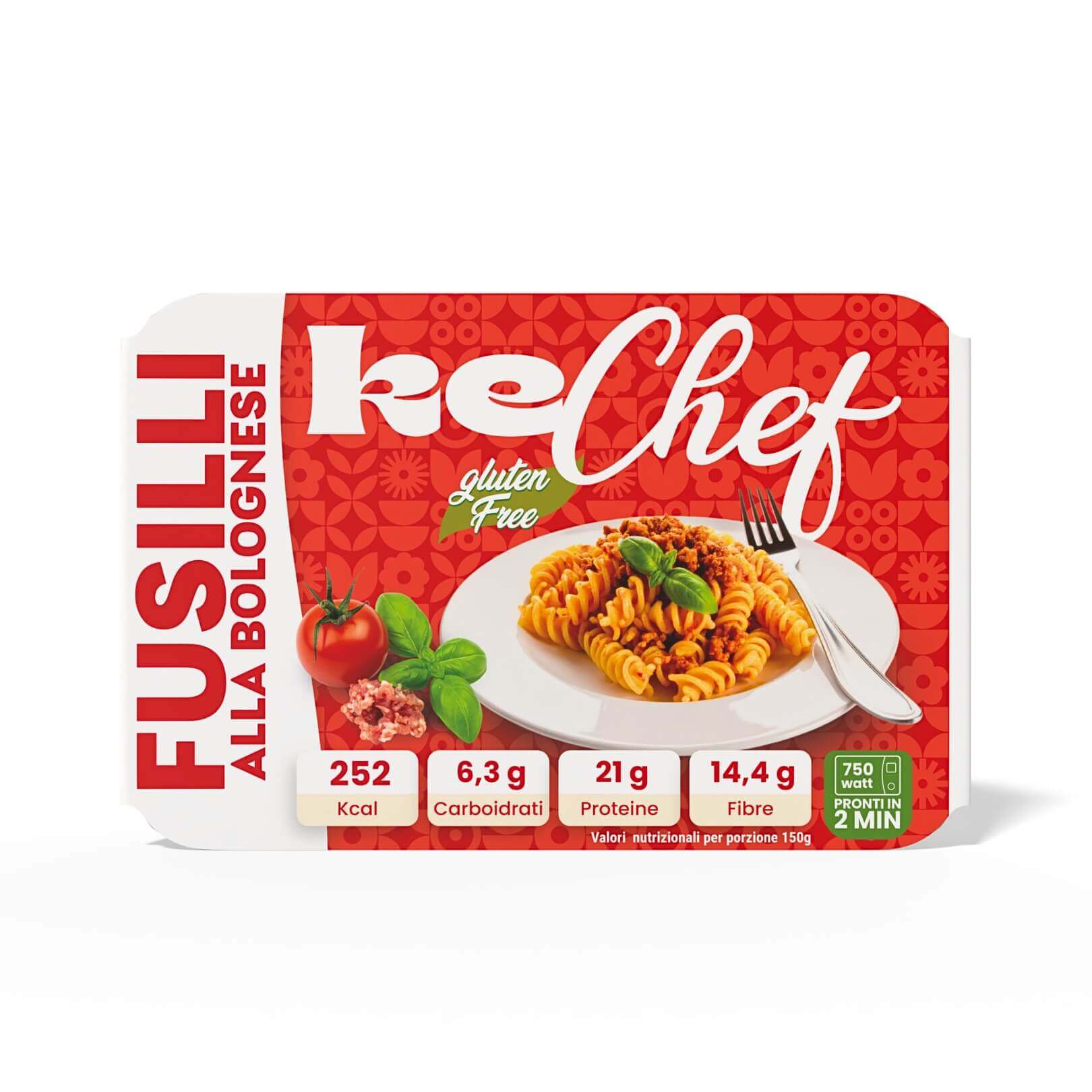 Fusilli keChef alla bolognese Pronti con 6,3 g di carboidrati, ideale per dieta chetogenica.