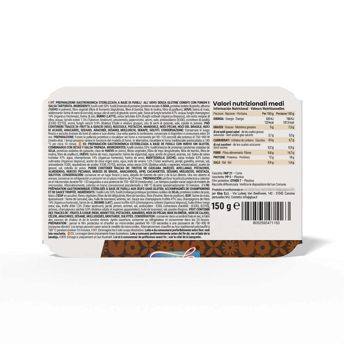 Fusilli keChef ai funghi e tartufo Pronti - Valori nutrizionali per dieta chetogenica, 150 g.