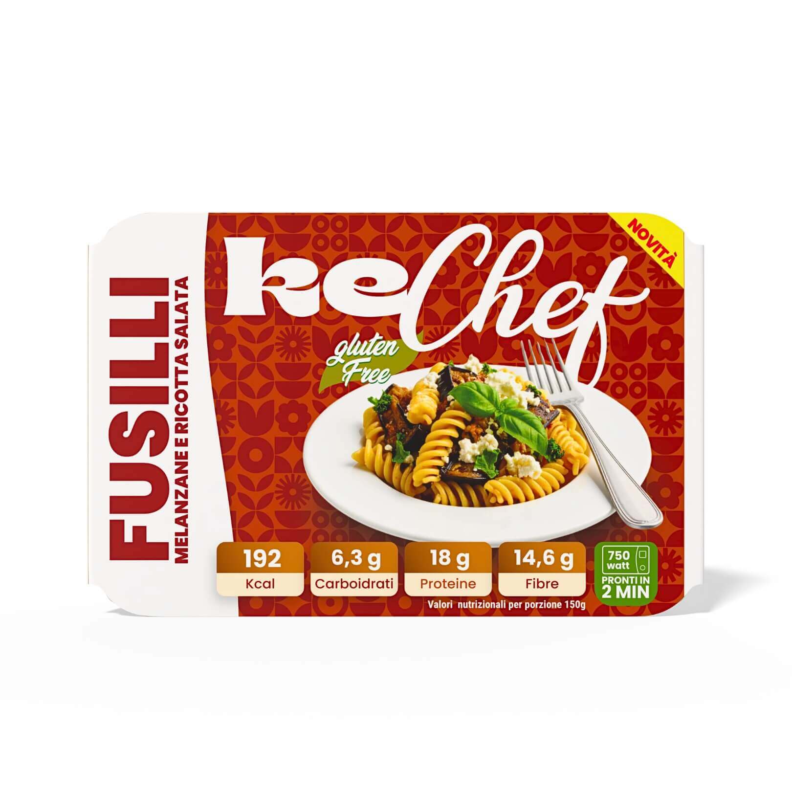 Fusilli kechef alla melanzana e ricotta salata Pronti, piatto pronto, 6,3 g di carboidrati, dieta chetogenica