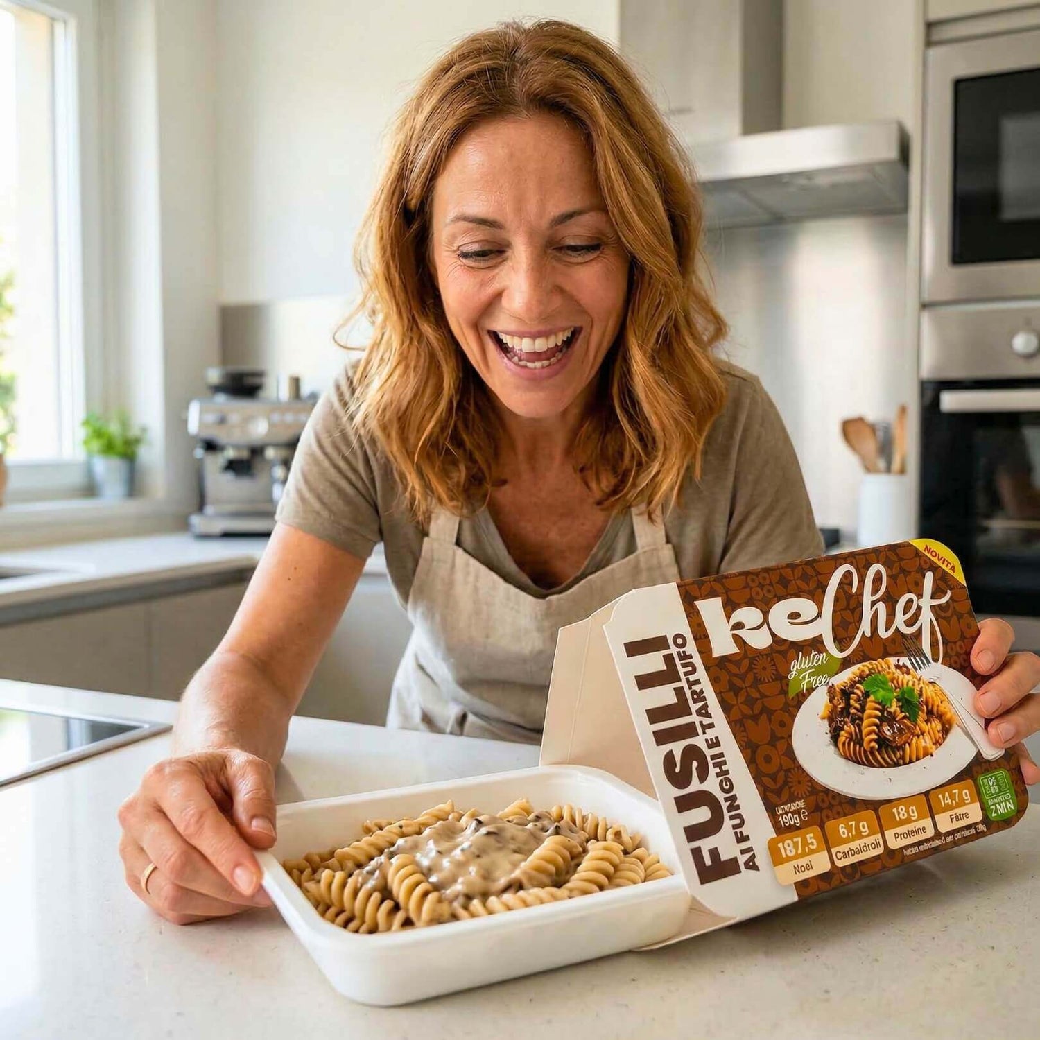 Donna sorridente che presenta il piatto di Fusilli keChef ai funghi e tartufo Pronti in cucina.