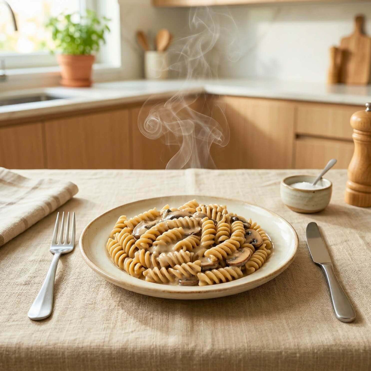 Fusilli keChef ai funghi e tartufo Pronti serviti fumanti su un piatto in un ambiente domestico.