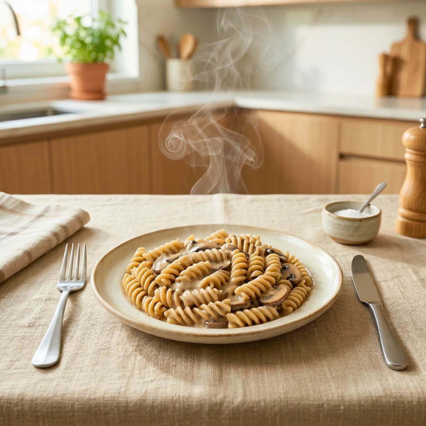 Fusilli keChef ai funghi e tartufo Pronti serviti fumanti su un piatto in un ambiente domestico.