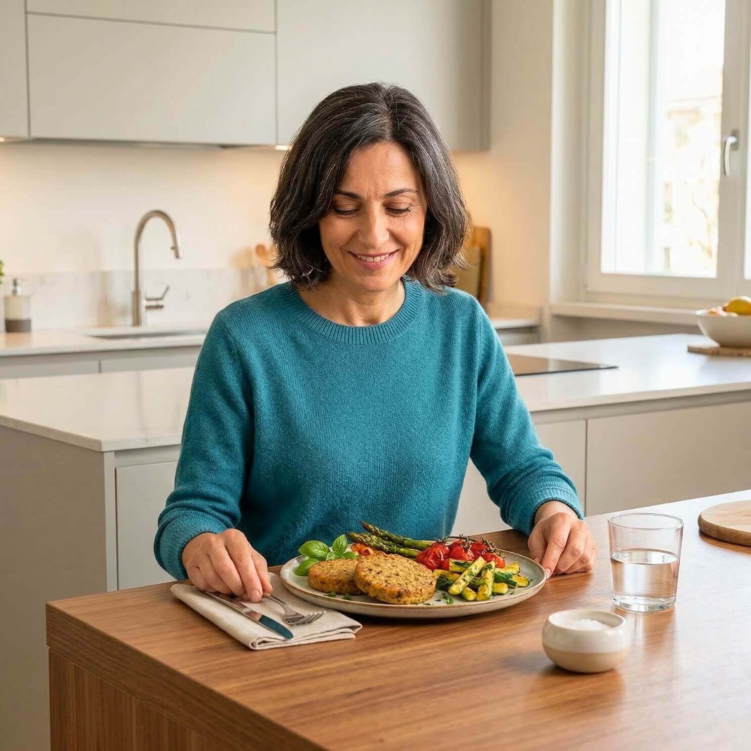 Donna sorridente che gusta un piatto con Burger Veg alle olive KeChef Veg e verdure fresche in cucina.
