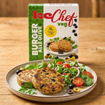 Burger Veg alle olive KeChef Veg serviti con insalata, fonte proteica e ingredienti keto.