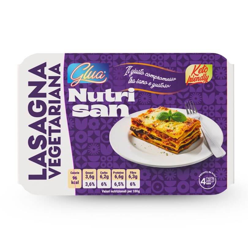 Lasagna proteica vegetariana pronta, 96 kcal, keto friendly, perfetta per dieta chetogenica, con zucchine e melanzane.