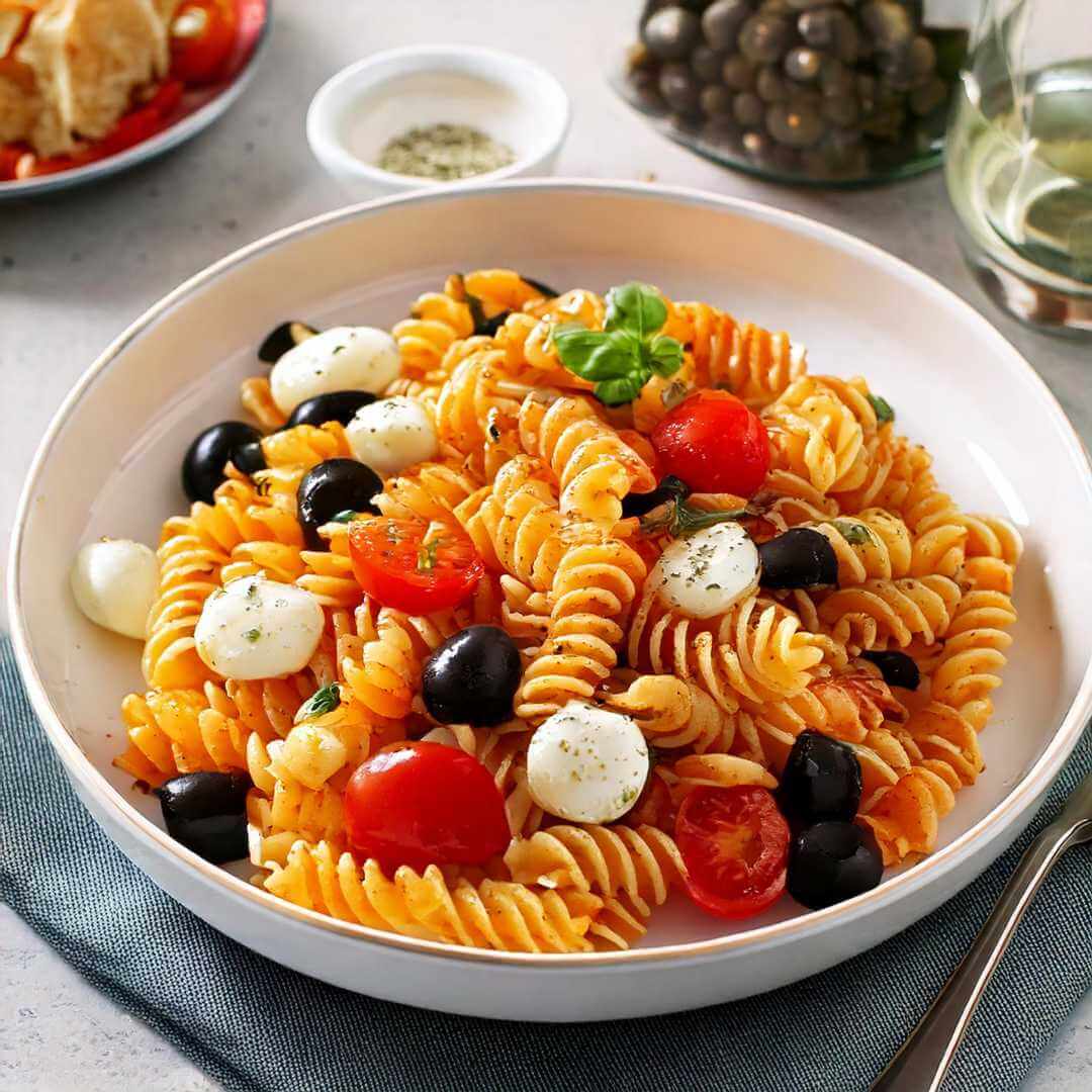 Pasta fusilli con pomodorini, olive e mozzarella, piatto sano perfetto per la dieta chetogenica.