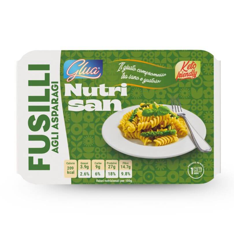Fusilli keto agli asparagi, 9g carboidrati, 27g proteine, alimento proteico per dieta chetogenica, pronto in 1 minuto.