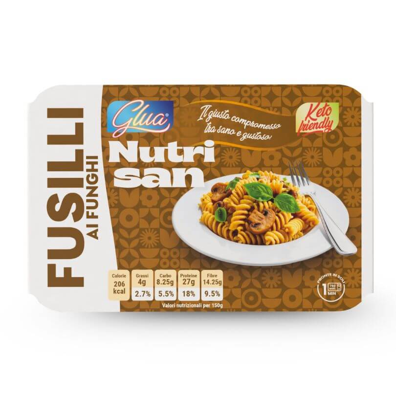 Fusilli ai funghi keto pronti, 8,2g di carboidrati, 27g di proteine, perfetti per la dieta chetogenica.