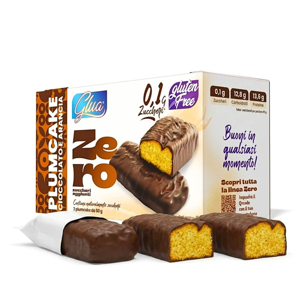 Plumcake Zero ricoperto di cioccolato al gusto arancia, ideale per dieta chetogenica e alimenti proteici.