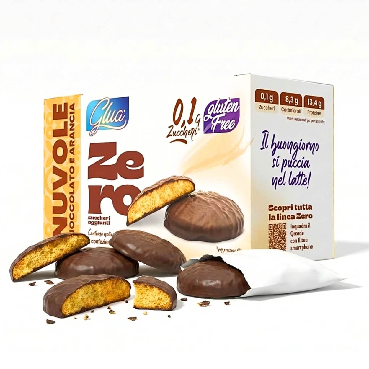 Biscotti proteici Nuvole ricoperti di cioccolato e arancia, senza glutine, aroma d'arancia, ideali per dieta chetogenica.