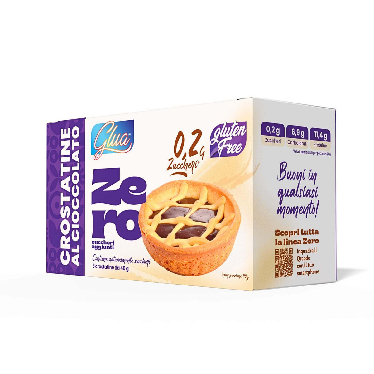 Crostatine con crema al cioccolato in confezione con informazioni nutrizionali e slogan sulla dieta chetogenica.