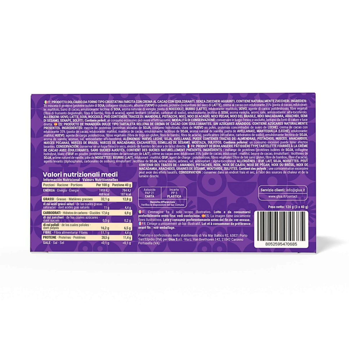 Valori nutrizionali medi delle Crostatine con crema al cioccolato, adatte per dieta chetogenica.