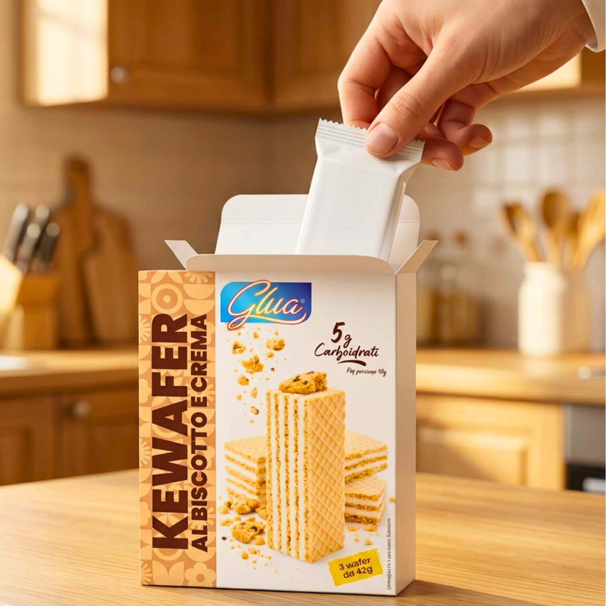 Kewafer ai biscotti e crema in confezione con 5 g di carboidrati, ideale per dieta chetogenica.