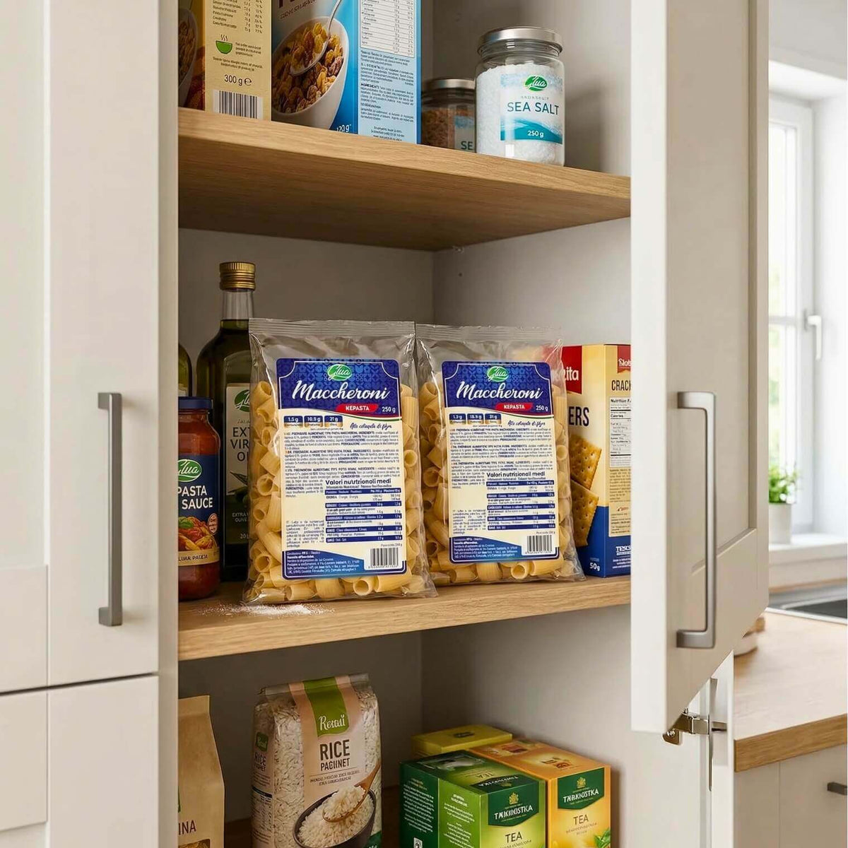 Kepasta Maccheroni 2.5 in dispensa, occhiali su ripiano con food vari, ideale per dieta chetogenica.