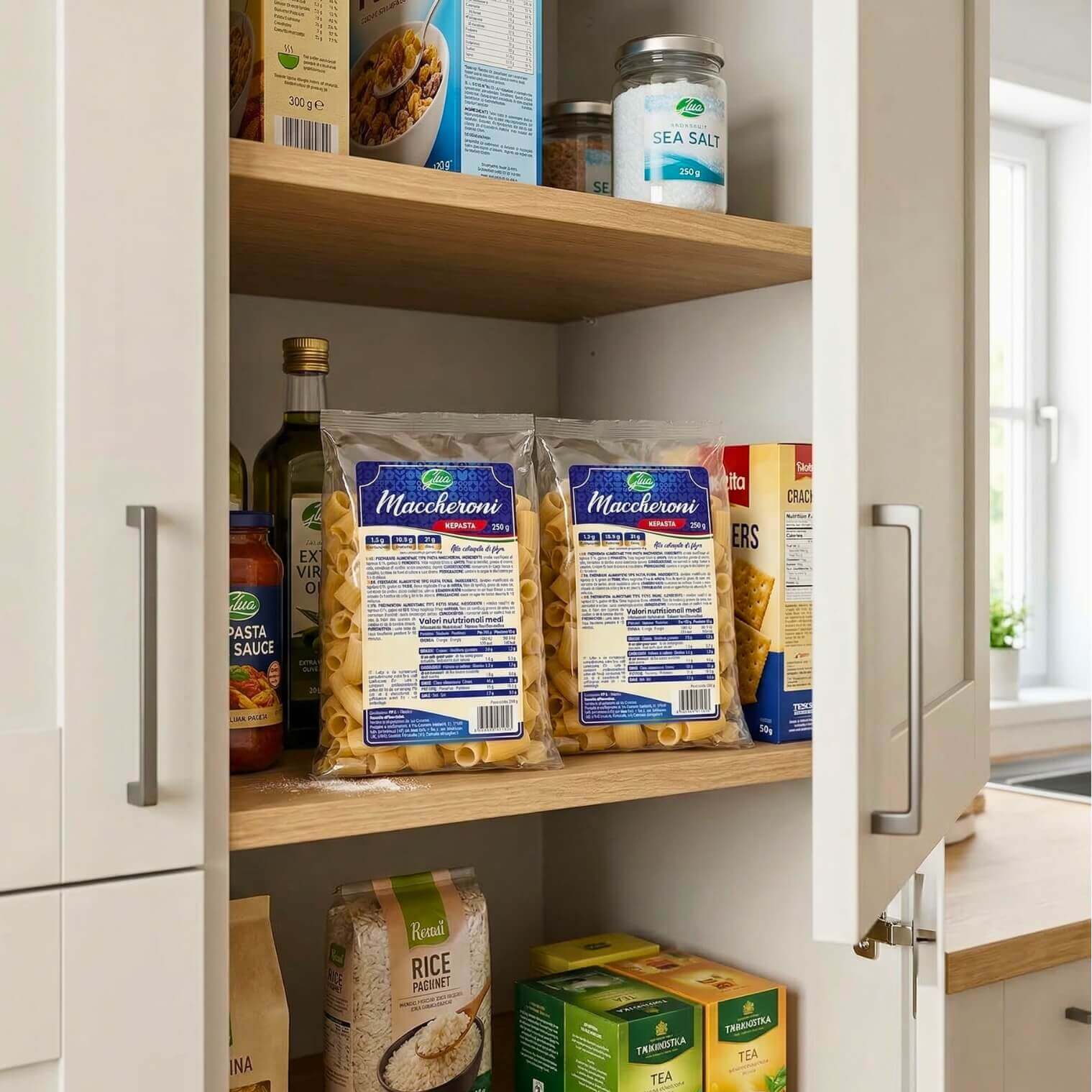 Kepasta Maccheroni 2.5 in dispensa, occhiali su ripiano con food vari, ideale per dieta chetogenica.