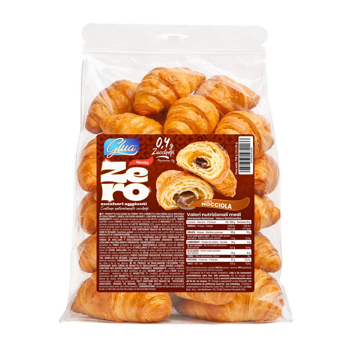 15 Cornetti proteici ripieni di crema alla nocciola in confezione trasparente, ideali per dieta chetogenica.