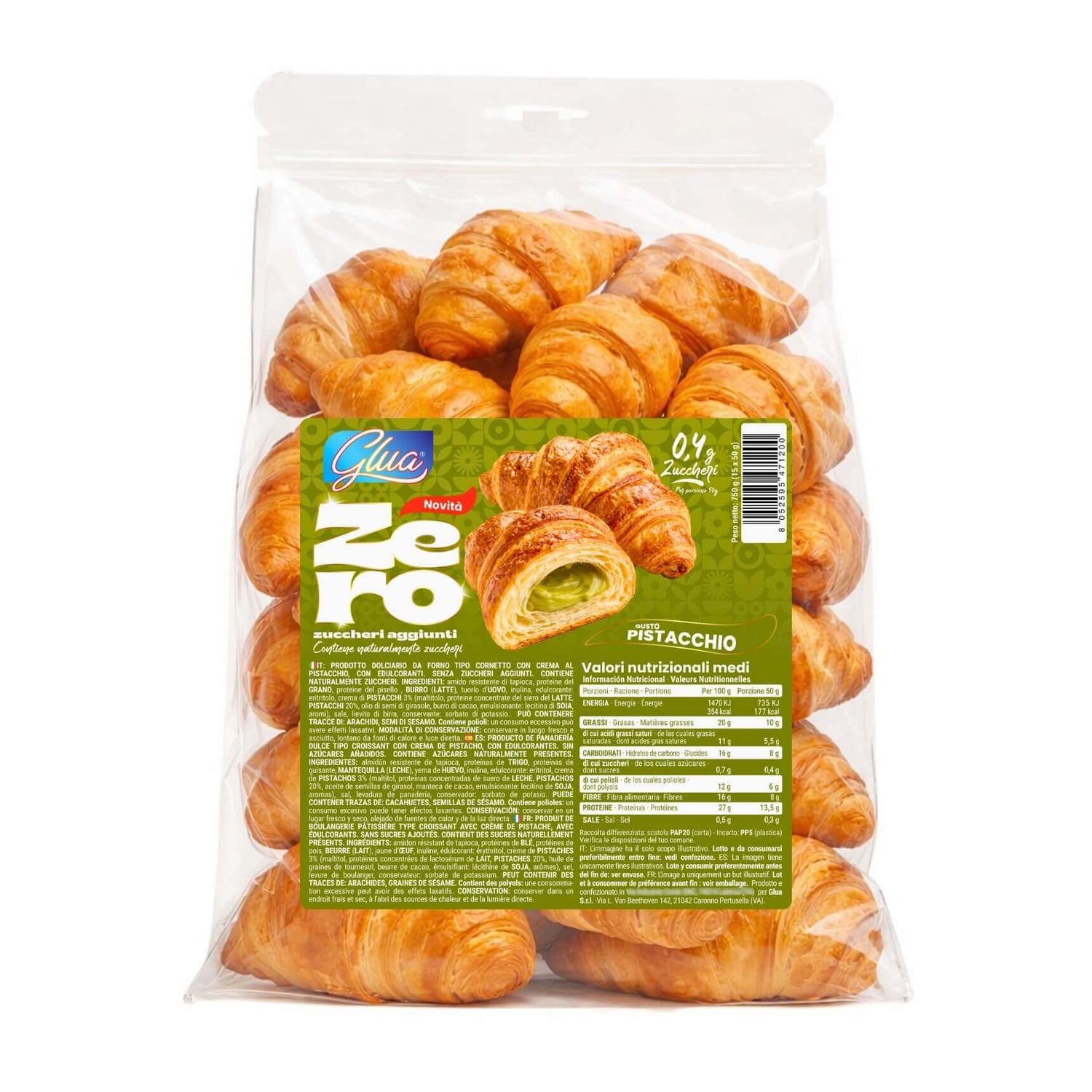 15 Cornetti proteici ripieni di crema al pistacchio in confezione da 50 grammi, perfetti per dieta chetogenica.