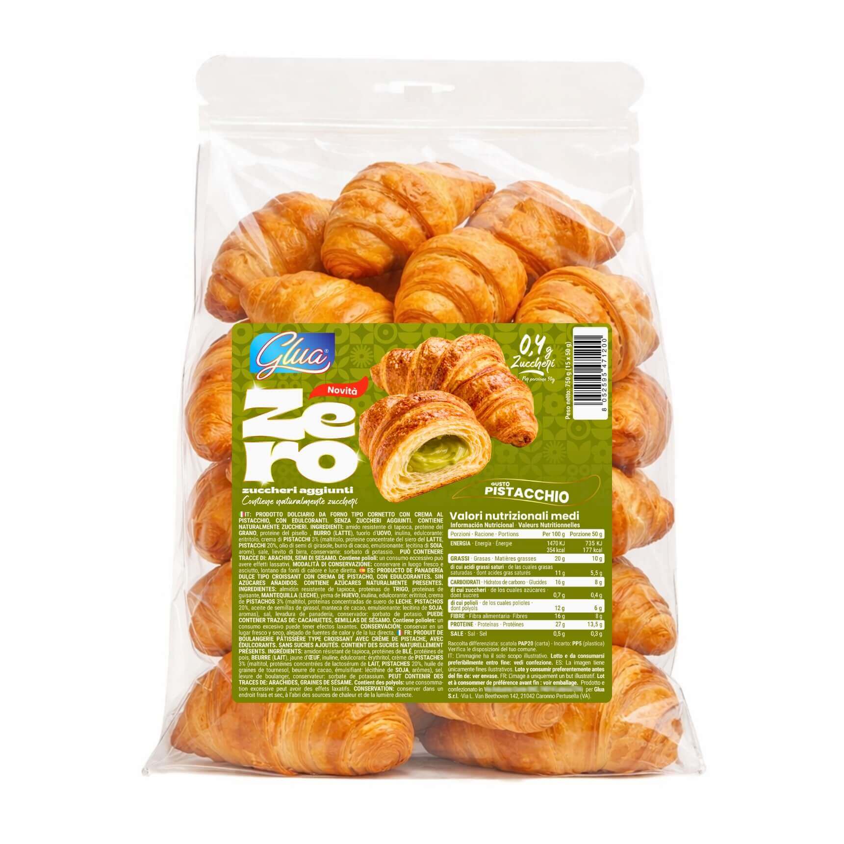 15 Cornetti proteici ripieni di crema al pistacchio in confezione da 50 grammi, perfetti per dieta chetogenica.