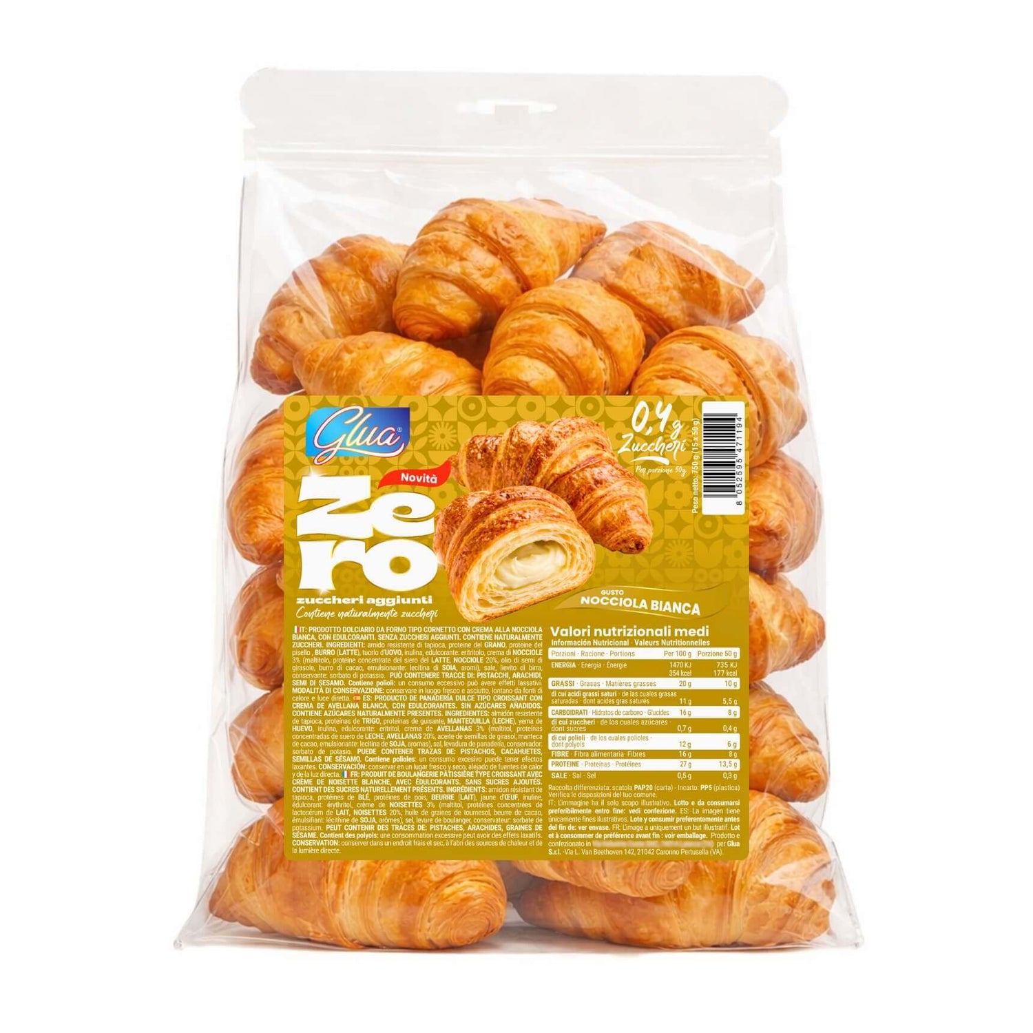 15 Cornetti Proteici Ripieni di Crema Nocciola Bianca Zero in confezione da 50g, ideale per dieta chetogenica.