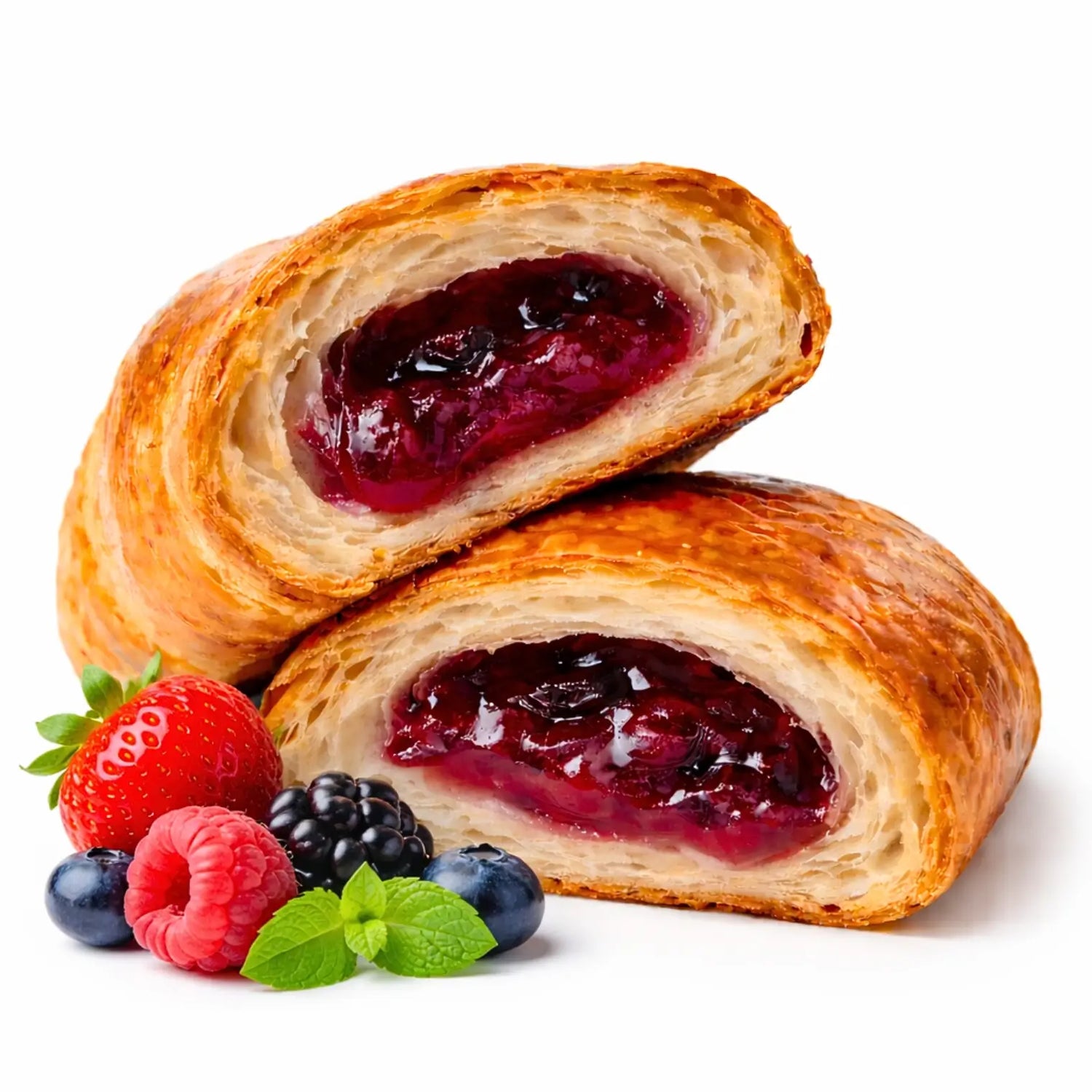 15 Cornetti proteici ripieni ai frutti di bosco con un ripieno di frutti di bosco e freschi mirtilli e lamponi.