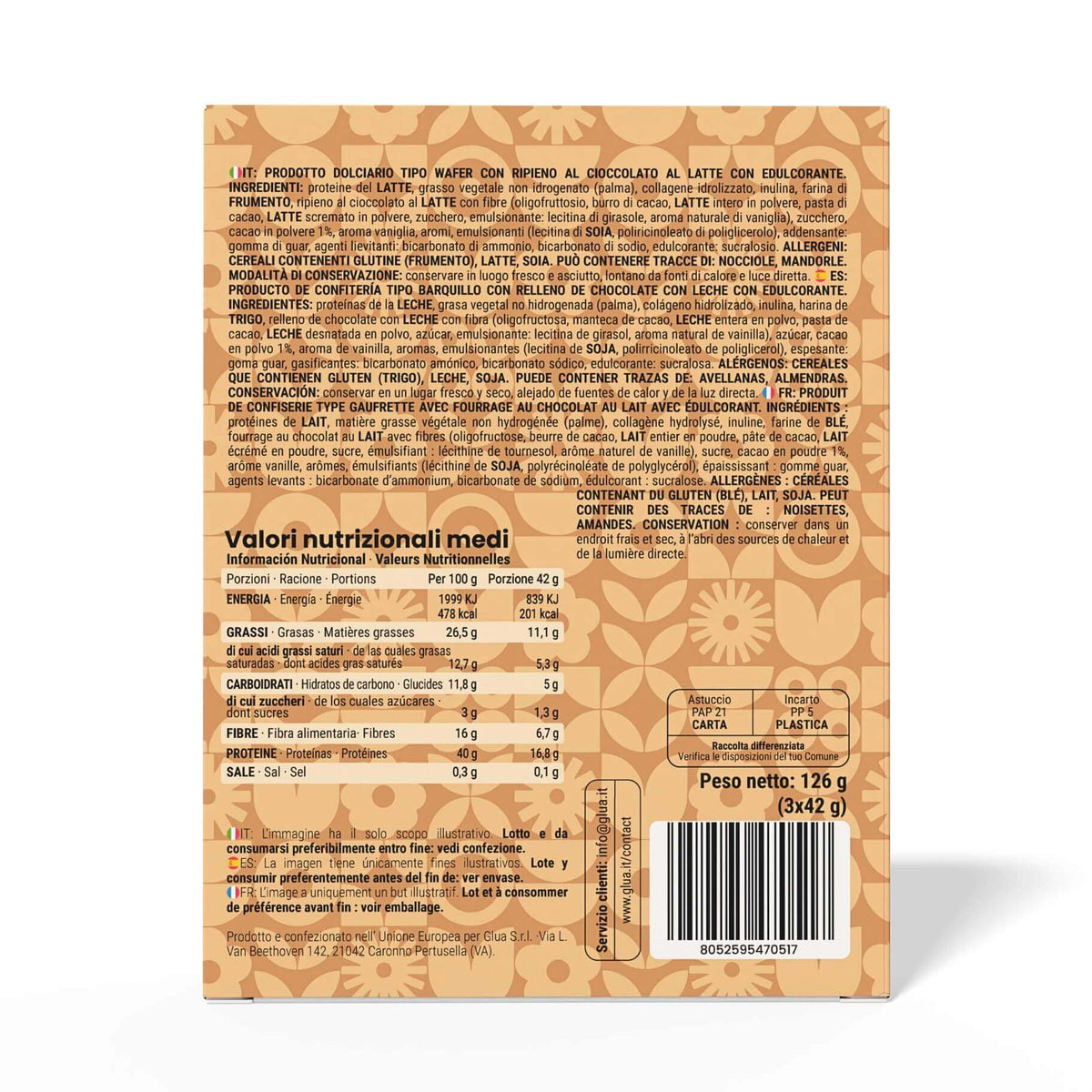 Kewafer ai biscotti e crema - retro della confezione con dettagli nutrizionali e ingredienti per dieta chetogenica.