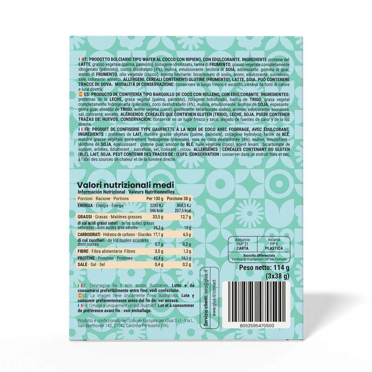 Informazioni nutrizionali del Kewafer al cocco, dolce proteico ideale per dieta chetogenica.