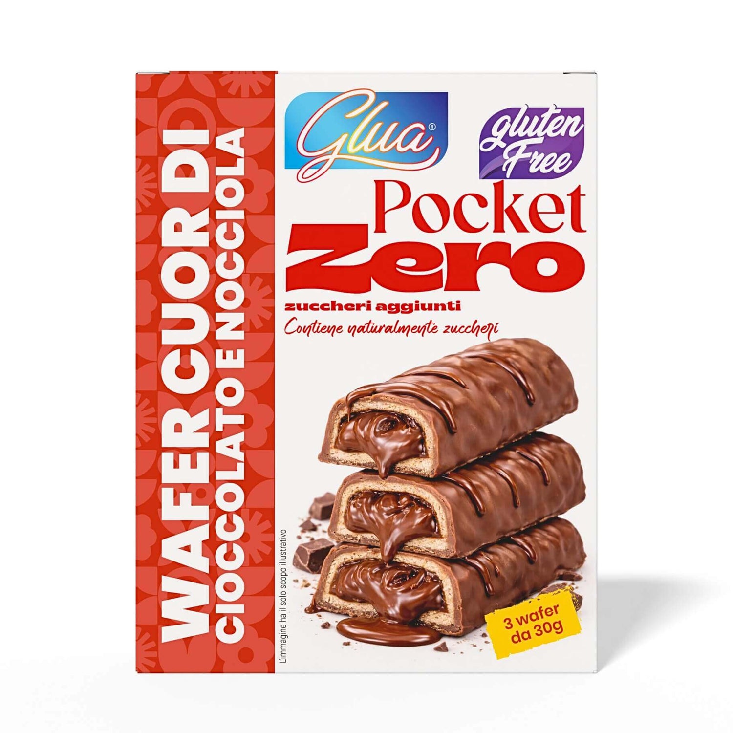 Pocket Wafer cuor di cioccolato e nocciola, snack gluten free con 1g di zuccheri per porzione, perfetto per dieta chetogenica.