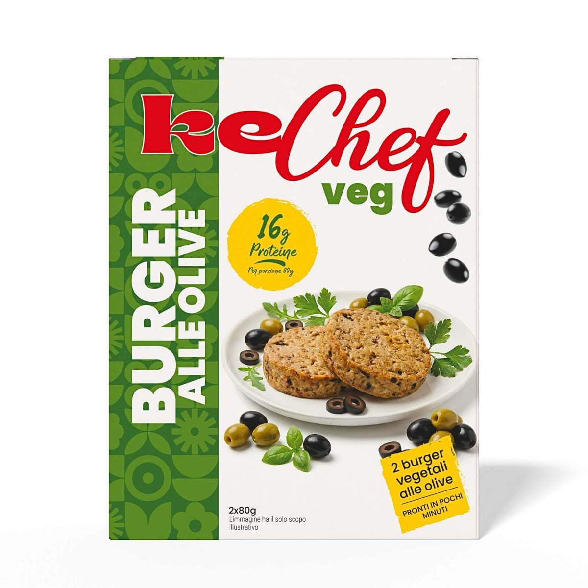 Burger vegetali alle olive nere, 100% vegetariani, pronti in 3-4 minuti per piatti veloci e gustosi.