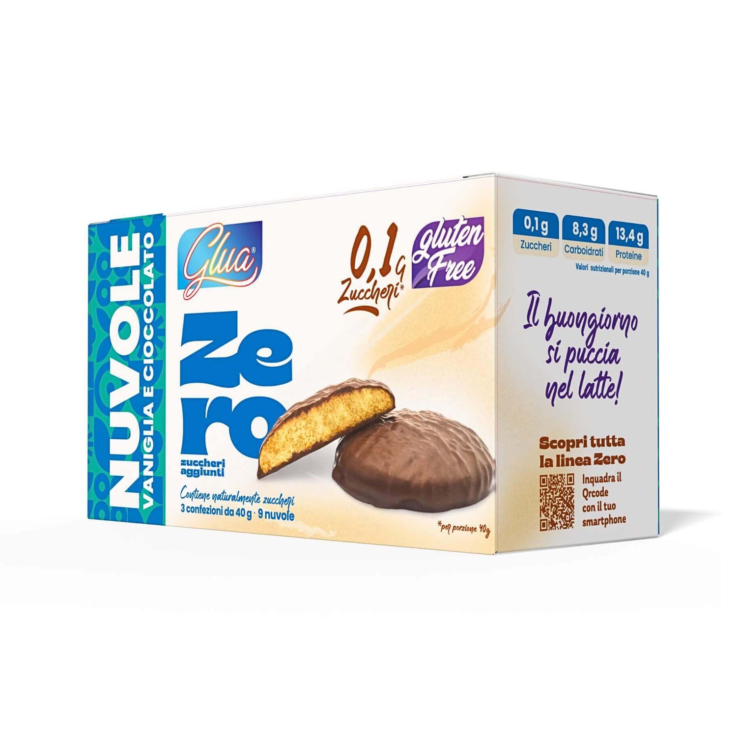 Biscotti proteici Nuvole ricoperti di cioccolato gusto vaniglia, con 0,1g di zuccheri per porzione, ideale per dieta chetogenica.