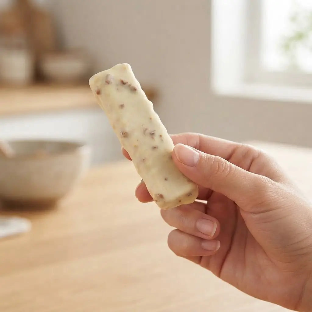Kebarretta Cocco e Cioccolato Bianco in mano, barretta keto con cioccolato bianco e mandorle.