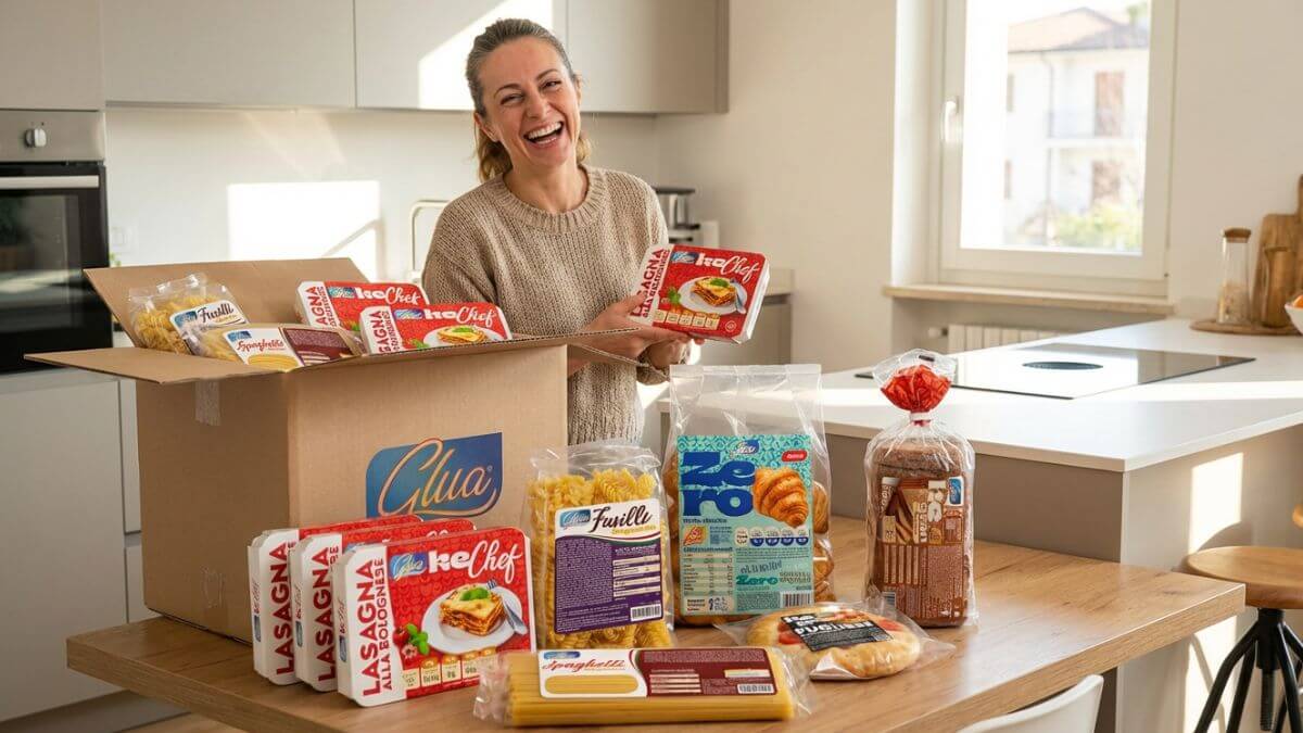 Donna felice circondata da prodotti per la dieta chetogenica nella sua cucina.