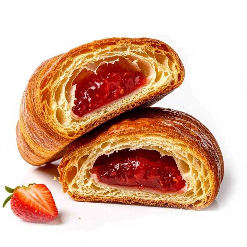 15 Cornetti proteici ripieni di purea alla fragola con cuore di fragola, ideali per dieta chetogenica e alimenti proteici.