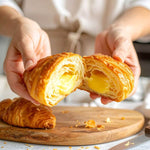 15 Cornetti proteici ripieni di crema pasticcera aperti, mostrano il cuore cremoso e dorato.