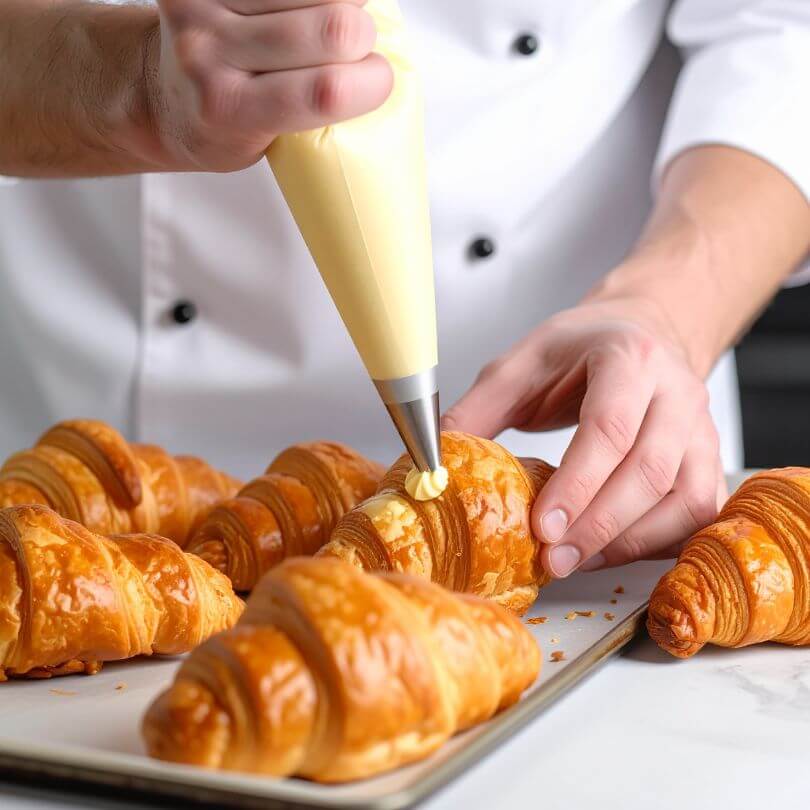 15 Cornetti proteici ripieni di crema pasticcera appena farciti con crema pasticcera, dolci keto e proteici.